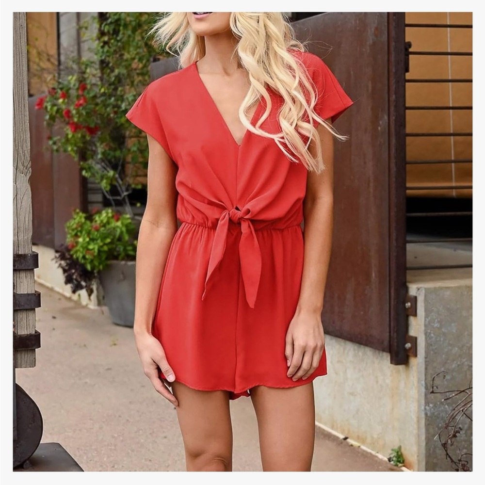 ECOWISH Tie Knot Front Loose Short Sleeve Romper Elastic Waist Playsuit - Coral